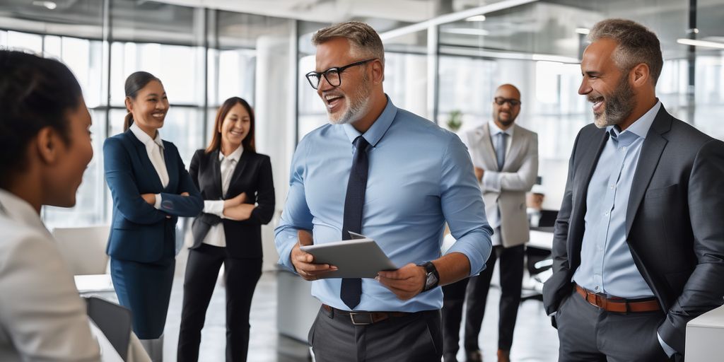 business professionals discussing strategy in a modern office