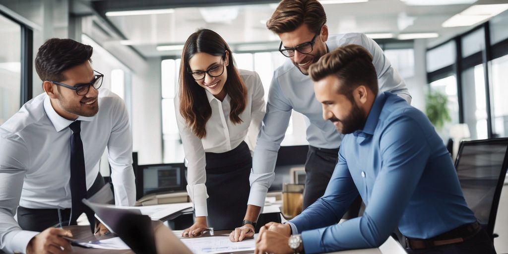 business professionals in a modern office setting, discussing strategy and growth