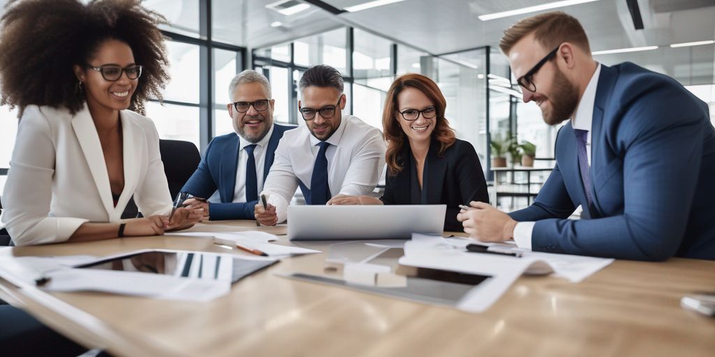 business professionals discussing strategy in a modern office