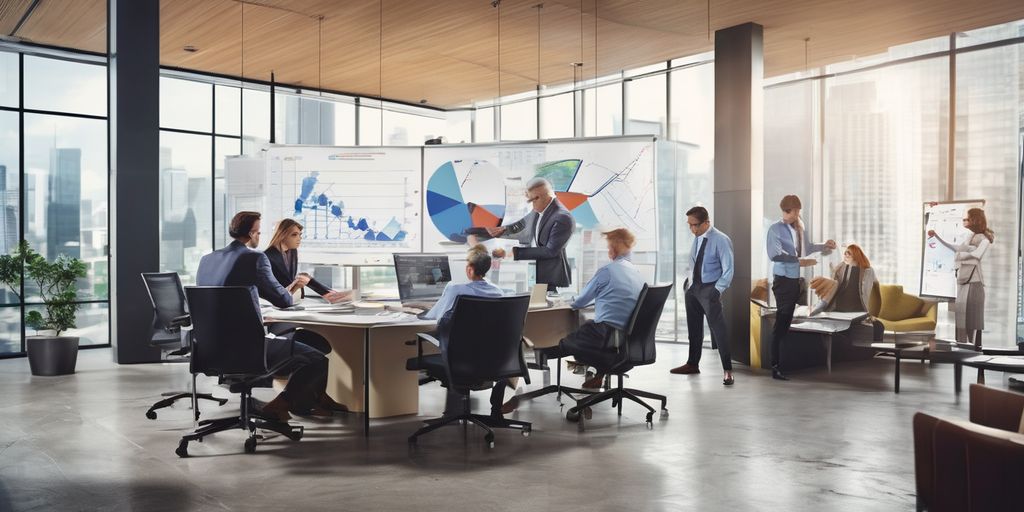 business professionals collaborating in a modern office with charts and graphs